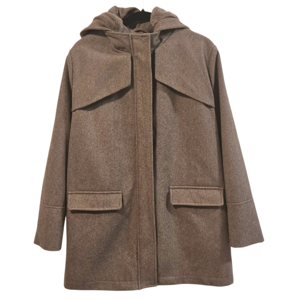 A New Day Taupe Brown Wool Blend Full Zip Fur Hood Peacoat Jacket Size XL
